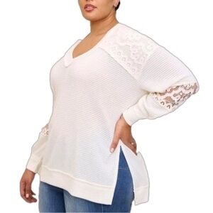 Torrid Neutral Waffle V-Neck Lace Inset Sweatshirt 6X NWT